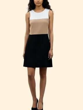 Michael Kors White Creme Black Color Block Flare Dress Career Cocktail Classic
